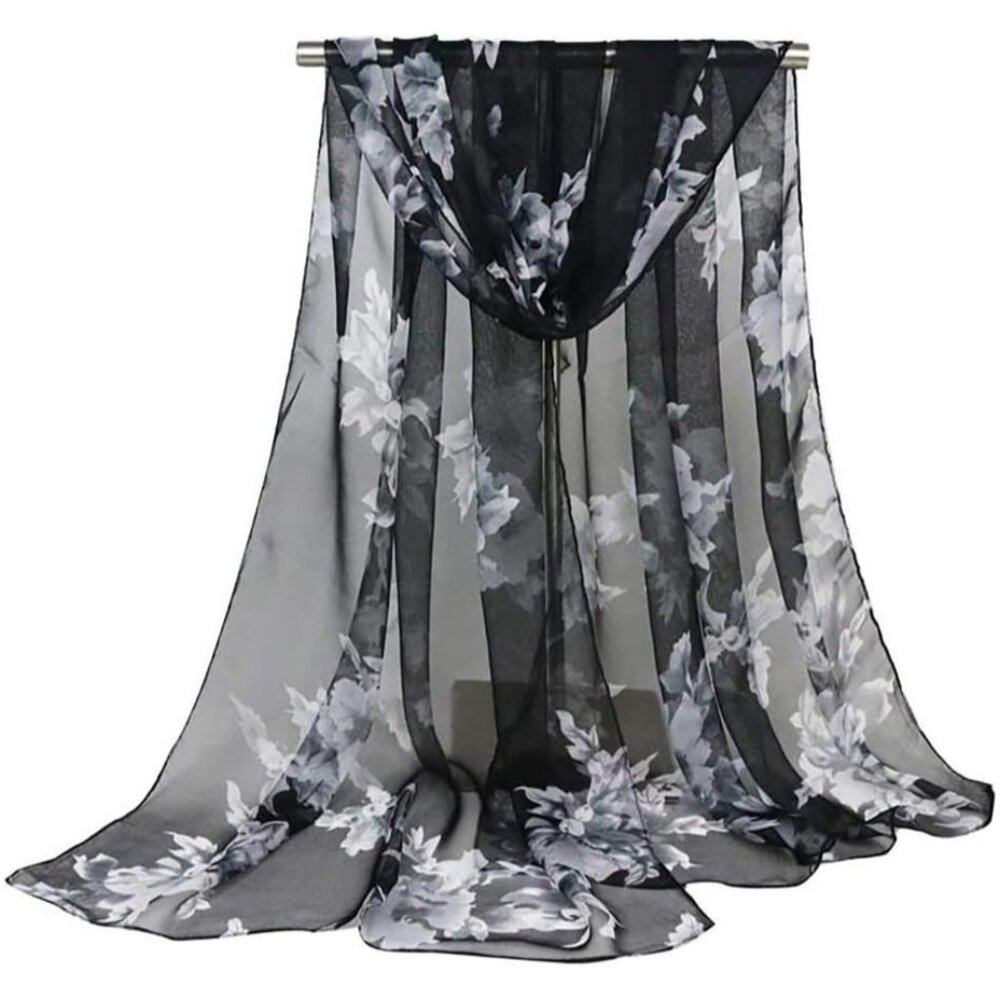 Scarfs Lightweight Print Floral Peach Blossom&black - Picture 2 of 4